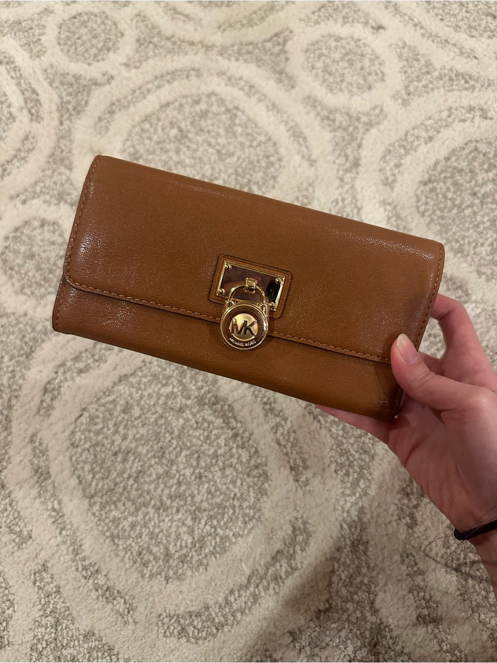 Michael Kors Tan Leather Turn-Lock Wallet with Gold Hardware